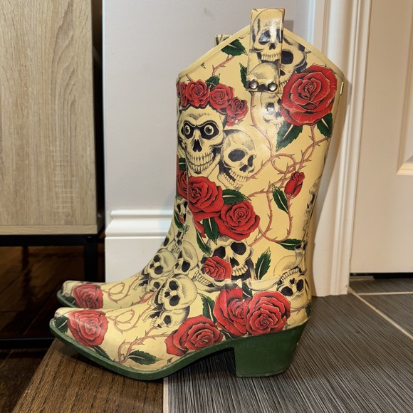 Nomad Womens 9 Rain Boots Skull Skeleton Rose Snip Toe Cowboy‎ Western EUC $128 - Picture 4 of 8